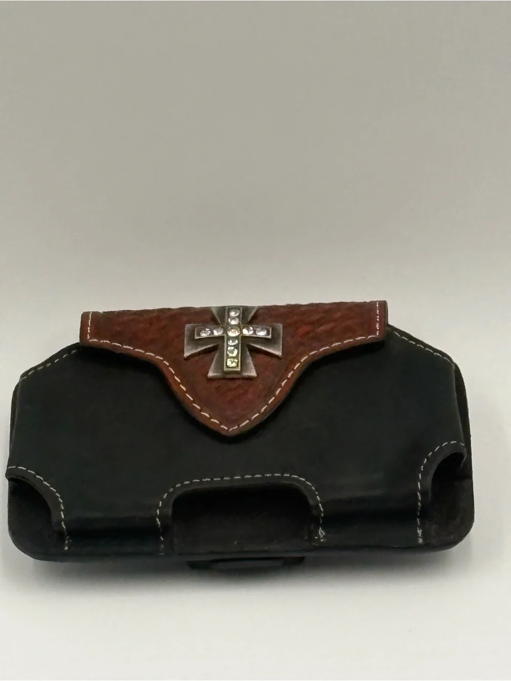 Nocona Leather Cell Phone Belt Holster Cross Rhinestone Tooled Western Black